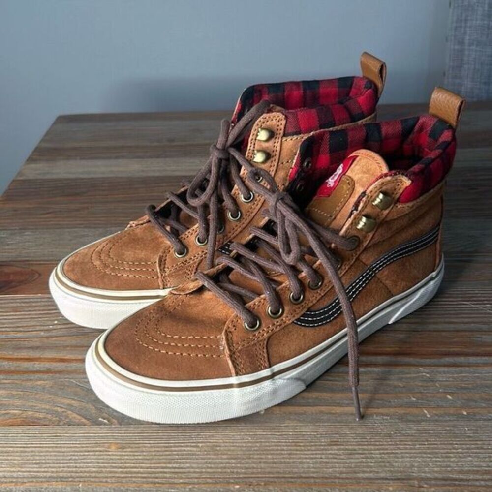 Vans brown leather hi top sneakers skater outdoor plaid scotch guard unisex